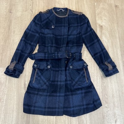 Barbour Damen blau Wolle Kaschmir Mischung Schottenkaro Gürtel Mantel Jacke Gr. 14