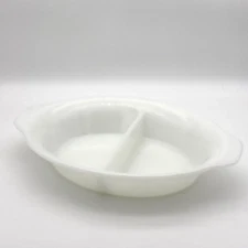 Vintage Fire King Oval Divided Dish White Milk Glass Made in USA Serving Platter