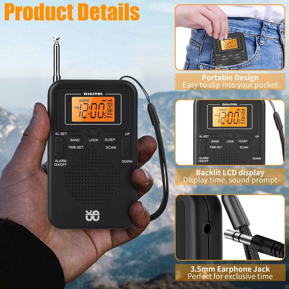 Portable Pocket AM FM Radio w/Digital LCD Screen Display Loud Speaker for Sports