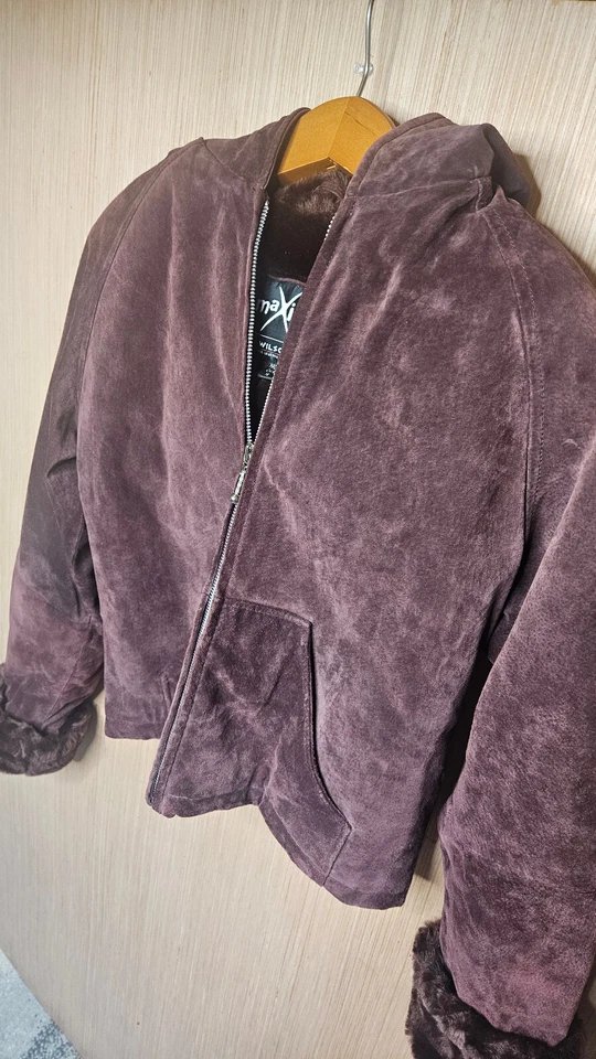 Wilsons Maxima Leather Jacket Womens Medium Purple Hooded Suede Lined Faux Fur - Image 3 of 4