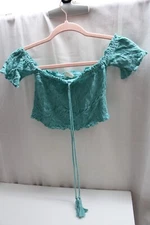 Promesa Teal Off Shoulder Short Sleeves Scoop Neck Cropped Pleated Peasant Top S