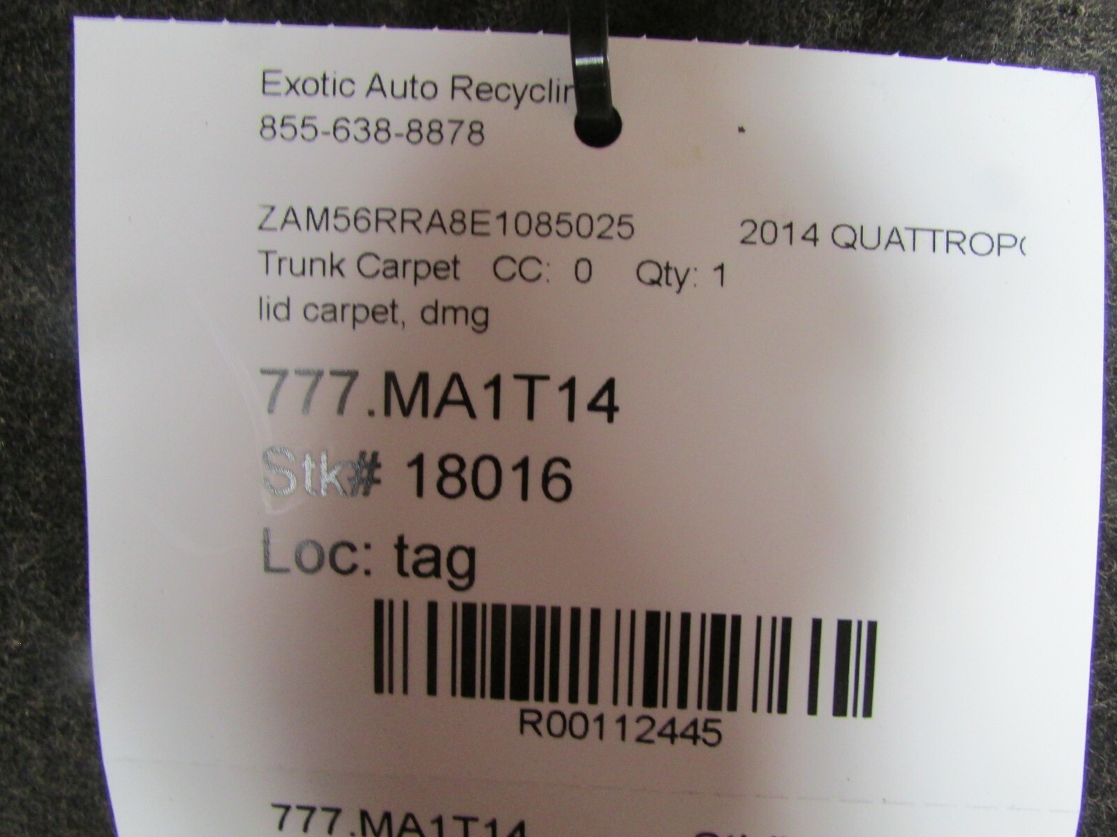 Maserati Quattroporte, Trunk Lid Carpet, Used, P/N 67002494