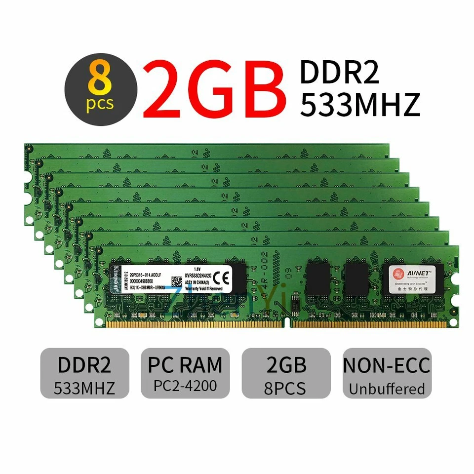 16GB 8GB 4GB 2GB DDR2 533MHz PC2-4200U KVR533D2N4/2G DIMM Memory Kingston LOT BT - Image 2 of 4