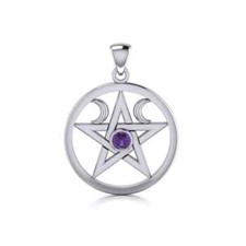 Triple Moon Pentacle 925 Sterling Silver Pendant Gemstone Goddess Wiccan Jewelry