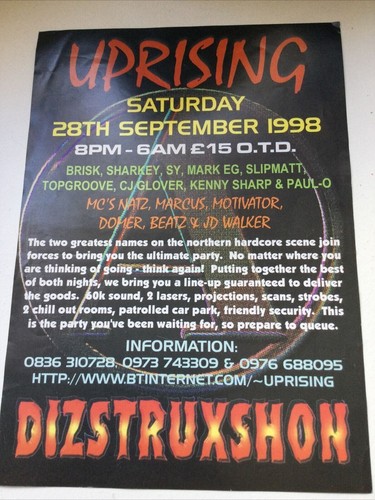 90s Y2K RAVE MEMORABILIA UPRISING ADELPHI SHEFFIELD Flyer SEPTEMBER 1998 FLEXX - Picture 2 of 3