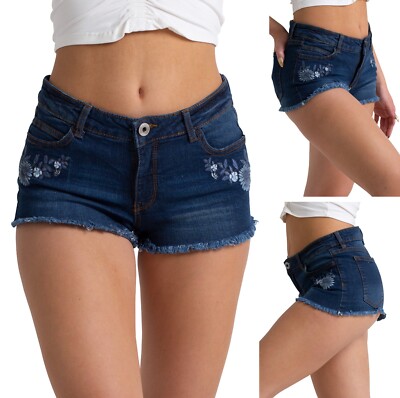 Women's Denim Bermuda Shorts Embroidered Mid Waisted Roll-Up Jeans Shorts  Blue