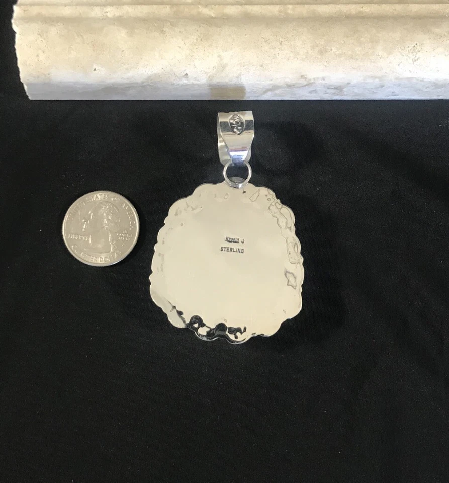 Navajo Made Kingman Turquoise Sterling Silver Hand Stamped Pendant Necklace - Image 2 of 2