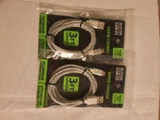 Lot of 2 .SILVER GLITTER*** Micro USB Rapid Charge & Sync Cable 3ft Aluminum