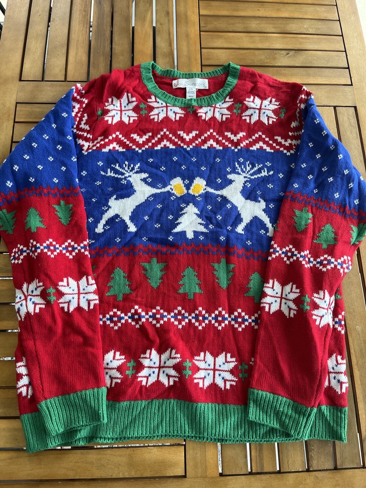 Reindeer Beer Snowflake Ugly Christmas Sweater L Red Green Blue Jolly Sweaters