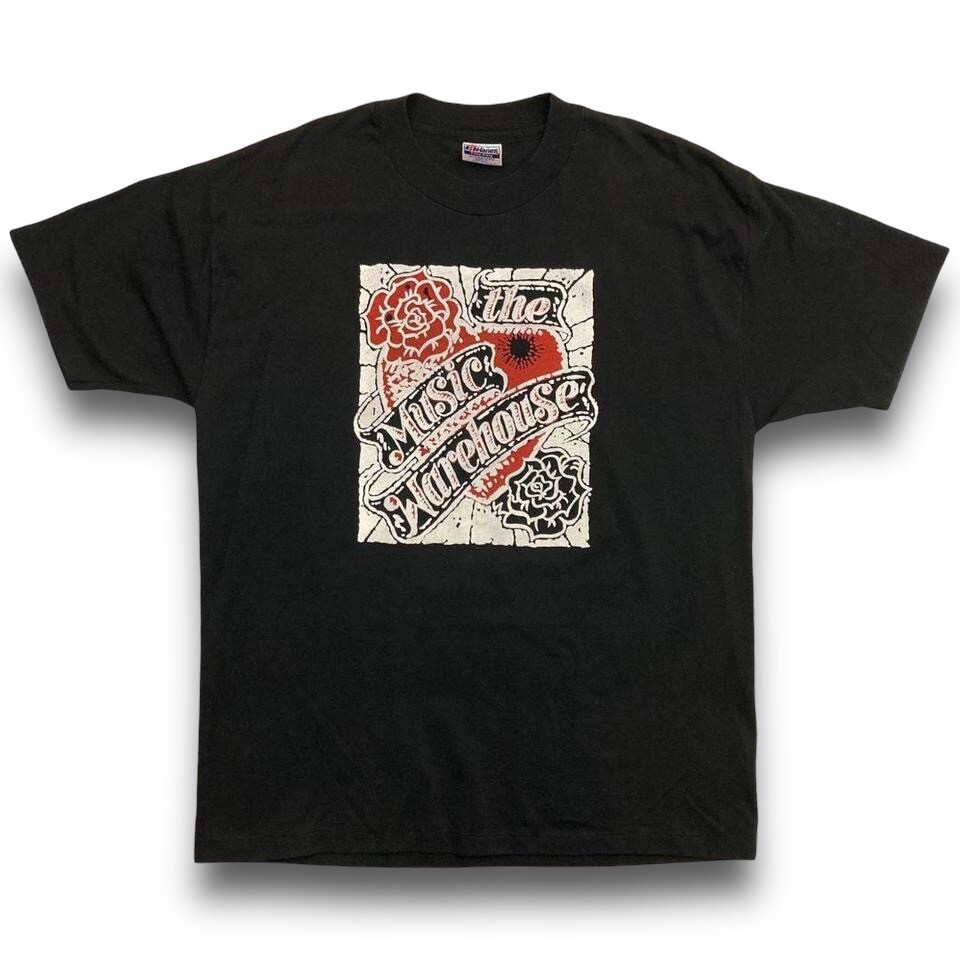 VTG 80s Hanes 50/50 Music Warehouse Roses Logo T-Shirt Adult XL Black Rare Vintage Tee
