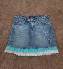 Vintage Y2K Bubblegum Denim Mini Skirt Women Sz 3/4 Coquette Ruffles Festival