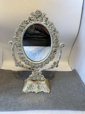 Vintage Ornate Cast Iron White Swivel Vanity Mirror  Unbranded Total @14 Tall