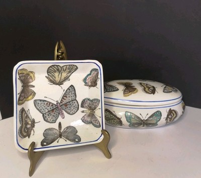 VINTAGE SCHMETTERLING BEMALTE KERAMIKSCHALE UND DECKEL EITELKEIT SCHMUCKBEHÄLTER
