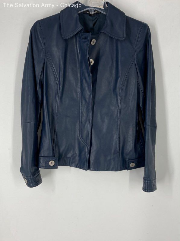 Ellen Tracy Womens Navy Blue Leather Long Sleeve Collared Casual Jacket Size 4