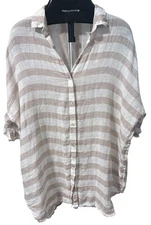 St. Tropez W Shirt Women M Oversized Natural White Striped 100% Linen Button Top
