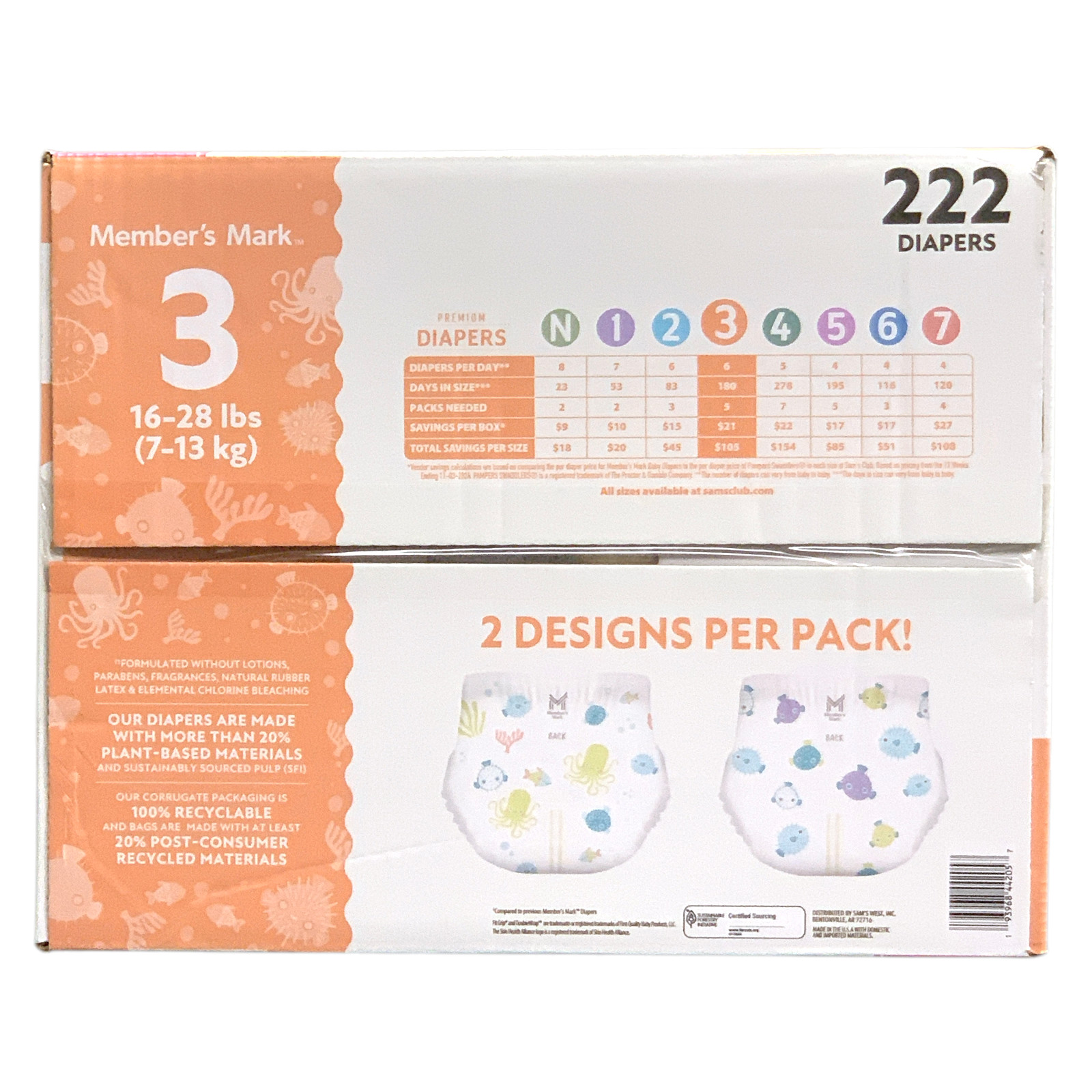 Member's Mark Premium Diapers, Hypoallergenic, Size 3 (16-28lbs.), 222 Count.