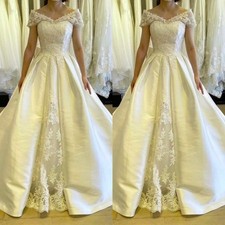 Vintage Wedding Dresses Cap Sleeve Satin Lace Appliques Sweep Train Bridal Gowns