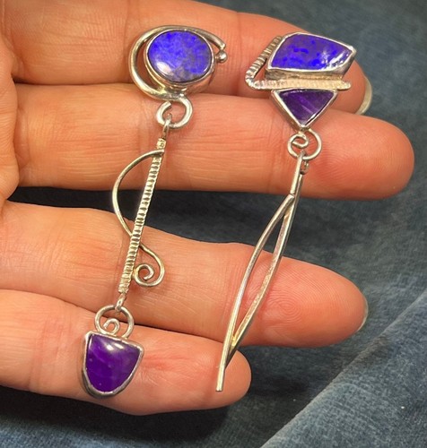 Australian Boulder Opal + Sugilite 925 + 14k Dangle Earrings. 2.5" *Video* - Picture 5 of 11