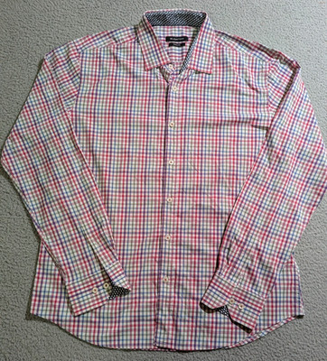 Bugatchi Men's Pink & Blue Plaid Shaped Fit Long Sleeve Button Up Shirt Size L