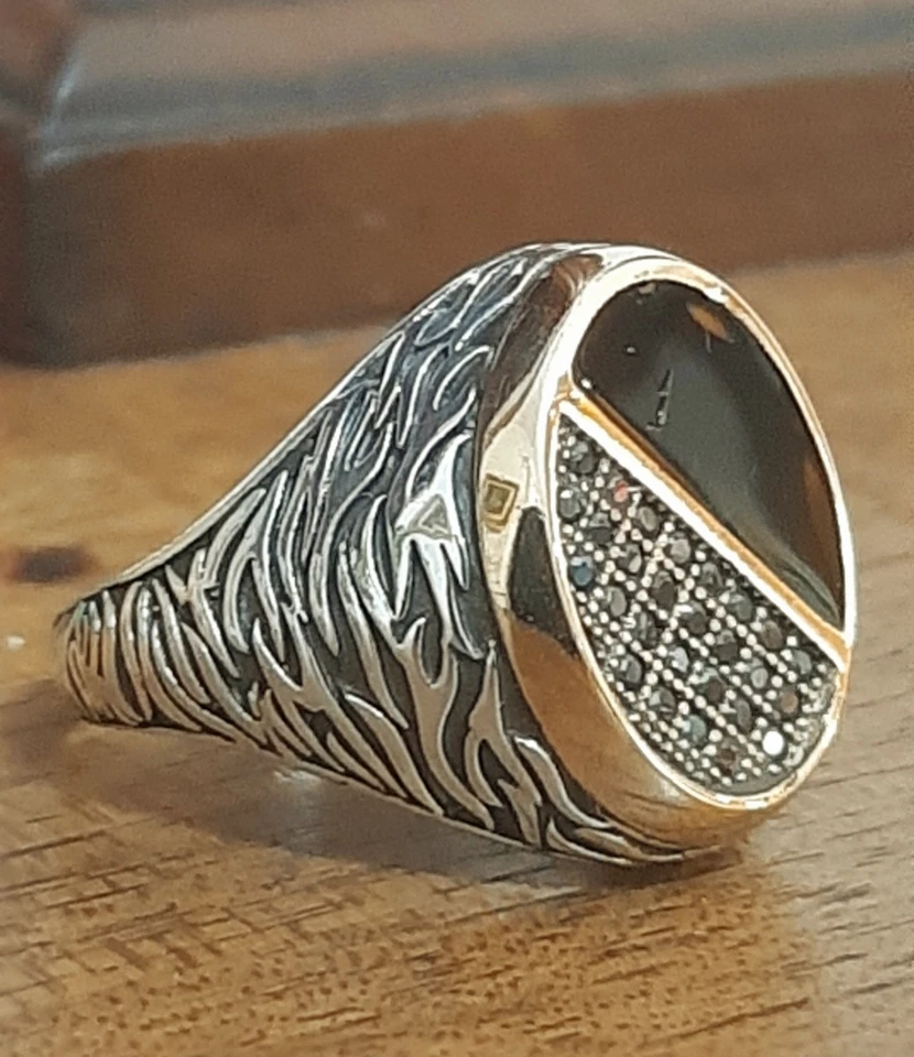 ANELLO UOMO Onice ARGENTO 925 sigillo solitario smalto Ring Man Sterling Onyx $ - Immagine 3 di 4