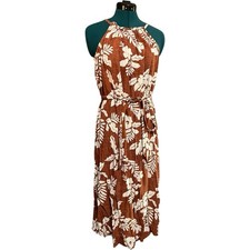 GAP Womens Halter Midi Dress M Brown Floral High Neck Tie Waist Sleeveless Boho