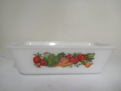 Vintage Glassbake Vegetable Print Baking Dish Casserole Pan Milk Glass Kitchen
