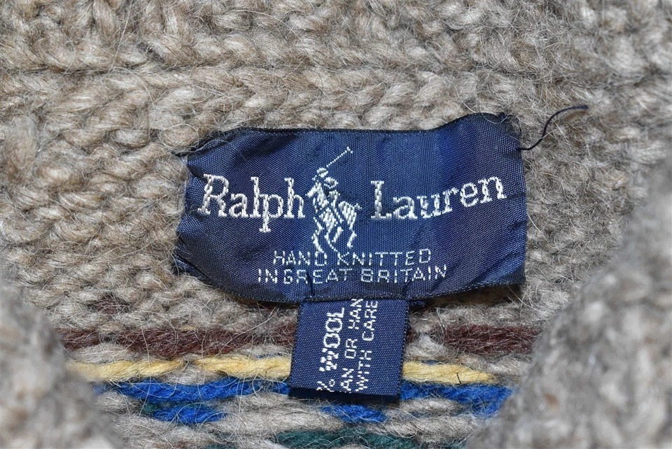 vintage 80s RALPH LAUREN CABLE KNIT SHAWL NECK WOOL GRAY WARM SWEATER MEDIUM M - Image 4 of 4
