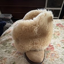 UGG Women  s Beige Suede Shearling Lined Mid-Calf Boots Round Toe Button 8
