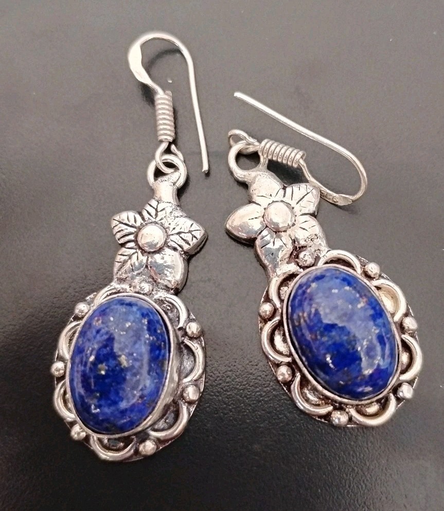 lapis lazuli Dangles Earrings .925 Sterling Silver 9.87 Grams
