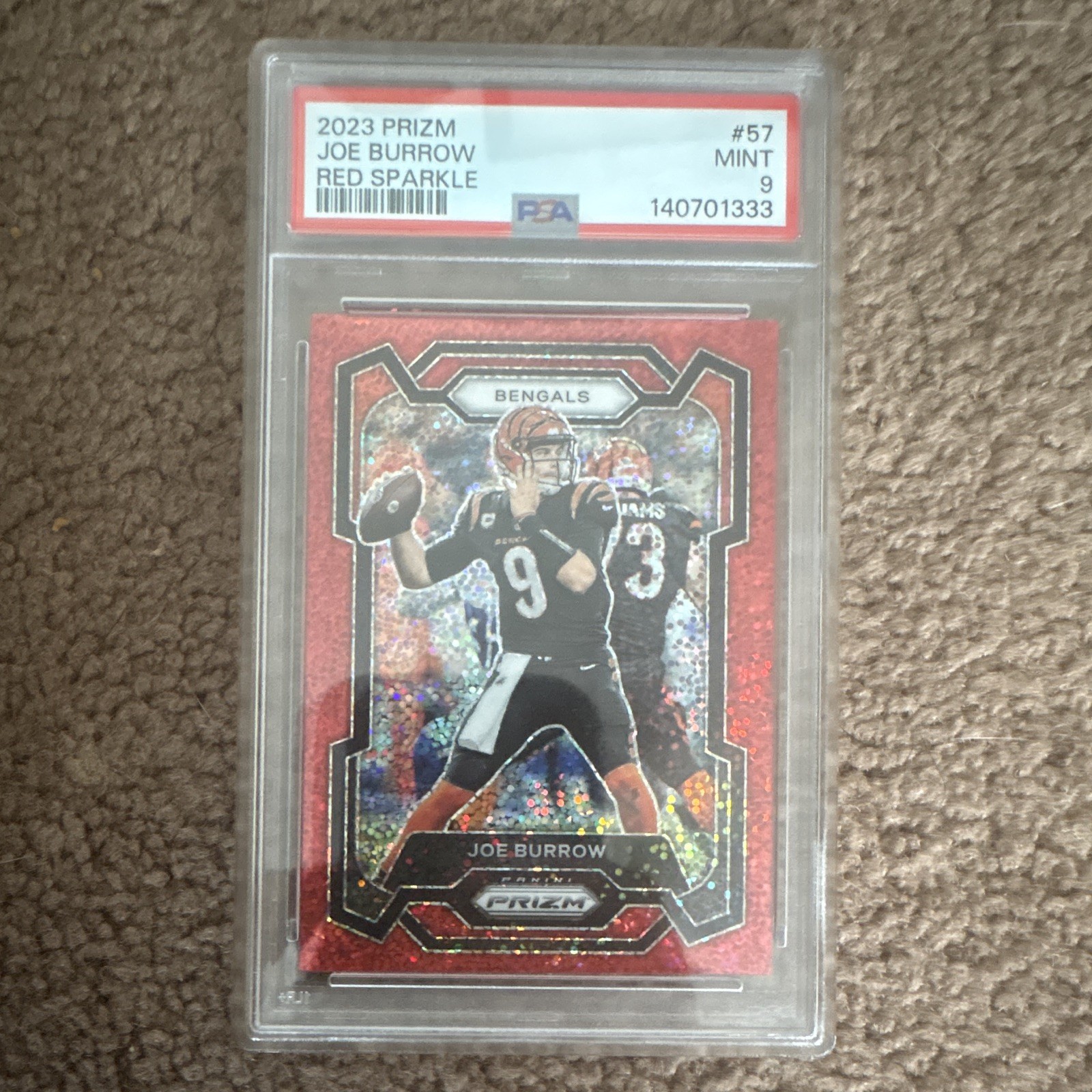 Panini 2023 Prizm Joe Burrow #57 Red Sparkle Prizm PSA 9 Bengals Card