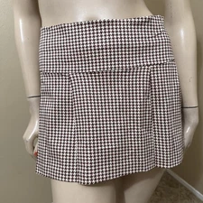 Women’s Ivory Brown Check Cotton Casual Stretch Pleated Zipper Size M Skirt
