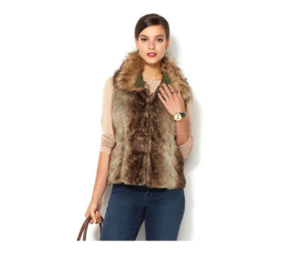 $80 IMAN Global Chic Runway Glam Multi-Look OLIVE Vest with Faux Fur Size 2X