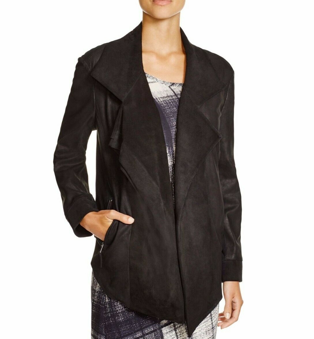 $995 NWT DKNY PURE SzM 100%LAMB LEATHER SUEDE NOTCH COLLAR HI-LOW