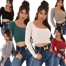Damen Stretch Pullover bauchfrei cropped U-Ausschnitt sexy Feinripp Transparenz