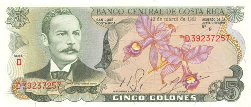 Costa Rica  5  Colones  12.3.1981  Series D 8  Uncirculated Banknote SF9 - Picture 1 of 2