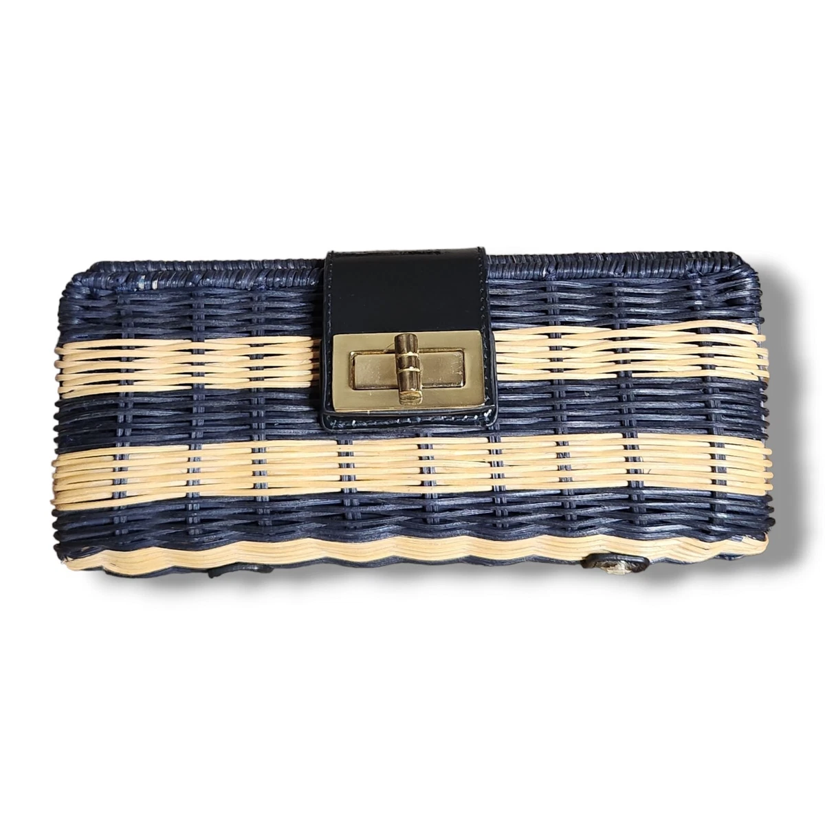 J Crew Factory Stiped Straw Rattan Clutch Purse Leather Accent