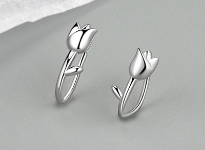 Super Adorable Silver Flower Tulip Rose Bud Earrings Hook