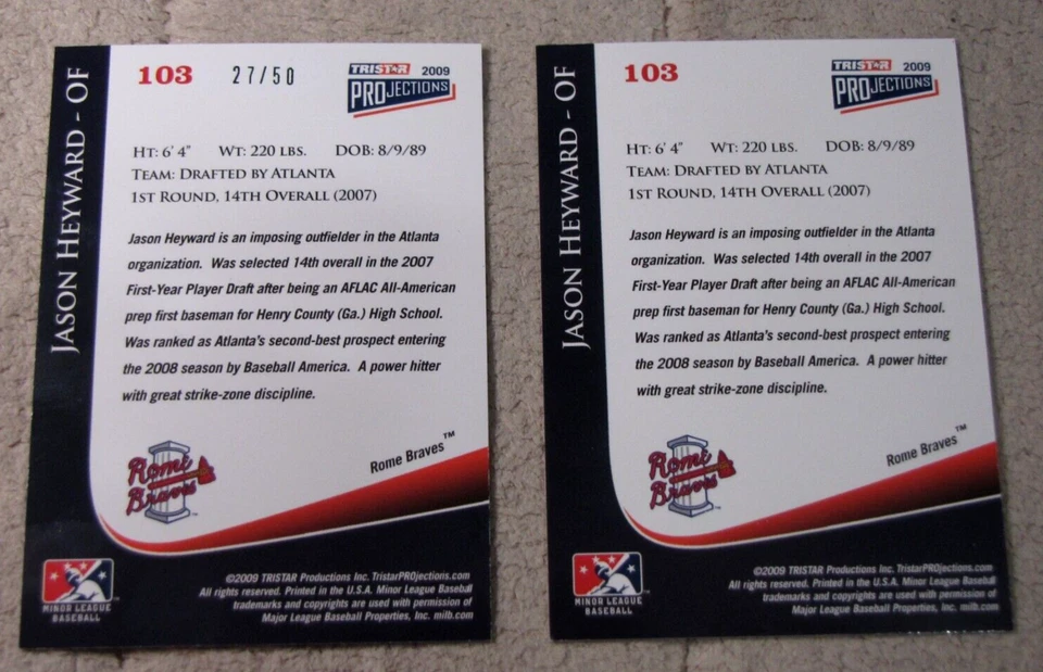 TRISTAR PROJECTIONS #103 2009 Jason Heyward verde/50 y base - Pre-Rooke Foto 2 de 2