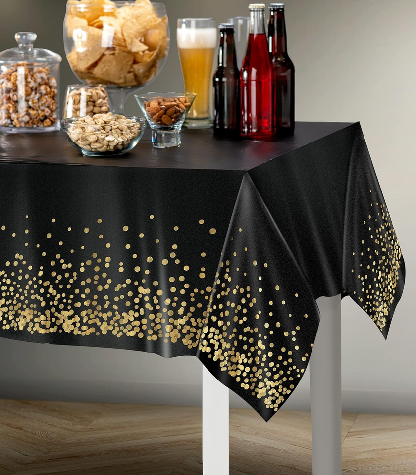 Black & Gold Table Cloths, 4Pack, 54"X108" Gold Dot Plastic