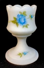 Fenton Art Glass Hand Painted Blue Rose & Rose Bud Milk Satin Footed Votive
