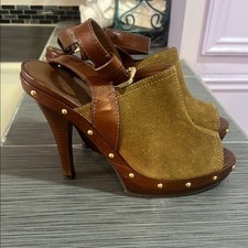 Tory Burch Brown Mules with Wooden Platform and Gold Studs Size 9.0