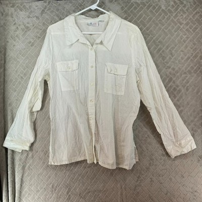 D & Co Shirt Womens XL White Swiss Dot Button Up Long Sleeve Classic Fit Cotton