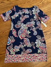 NWT “ELIZA J” Navy Paisley Print Dress ~ Gold Back Zipper ~ Easy Care/ Petite 12
