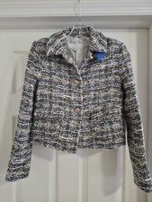 Zara Cropped Boucl  Tweed Blazer XS Blue White Gold Button Mobwife Chic