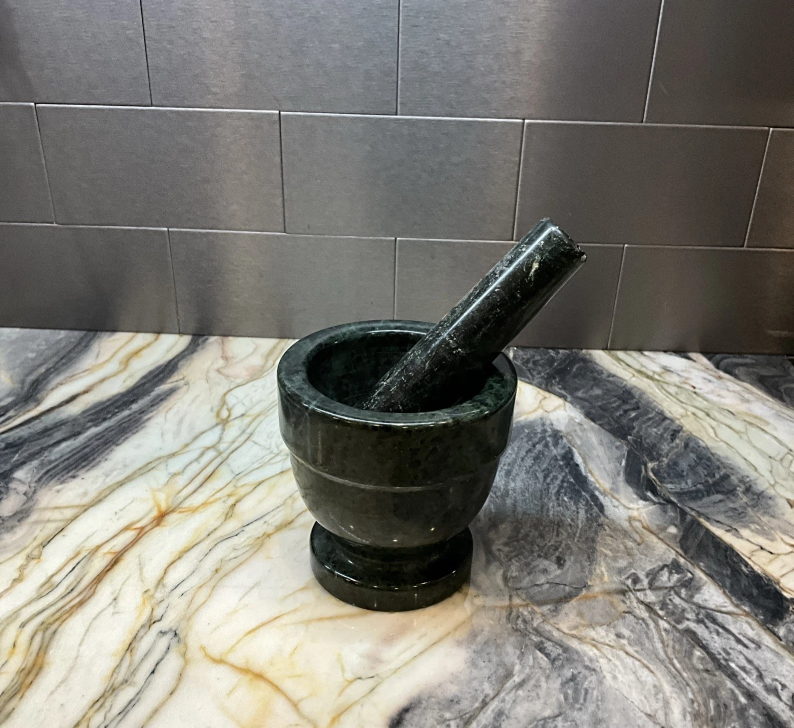 Vtg Mortar & Pestle Natural Green & Black Marble Stone Weigh 3lbs Spice Crusher
