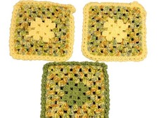 Handmade Crochet Granny Square Set Of 3 In Earthy Yellow  Green Tones