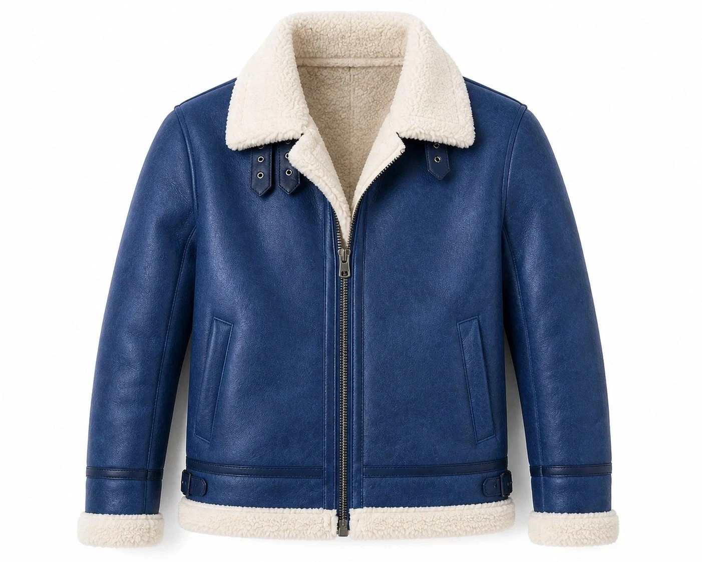 Men's Blue Genuine Cowhide Leather Jacket Sherpa Fur Winter Aviator Coat Vintage