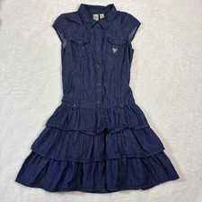 Y2K Guess Girls Denim Ruffle Dress Button Upfront Tiered Skirt Blue Size 14