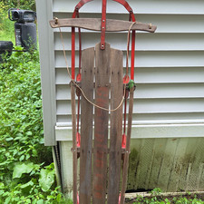 Vintage Wood Sled Red Metal Frame Runners Steering Handle Brown/Red
