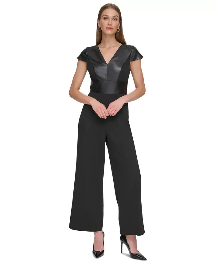 DKNY Women's Mixed-Media Cap-Sleeve V-Neck Jumpsuit, Black DKNY Women's Mixed-Media Cap-Sleeve V-Neck Jumpsuit, Black